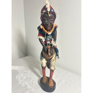 Vintage African Hand Carved Wood Drummer Statue Mixed Media Cowrie Shells 17.5"